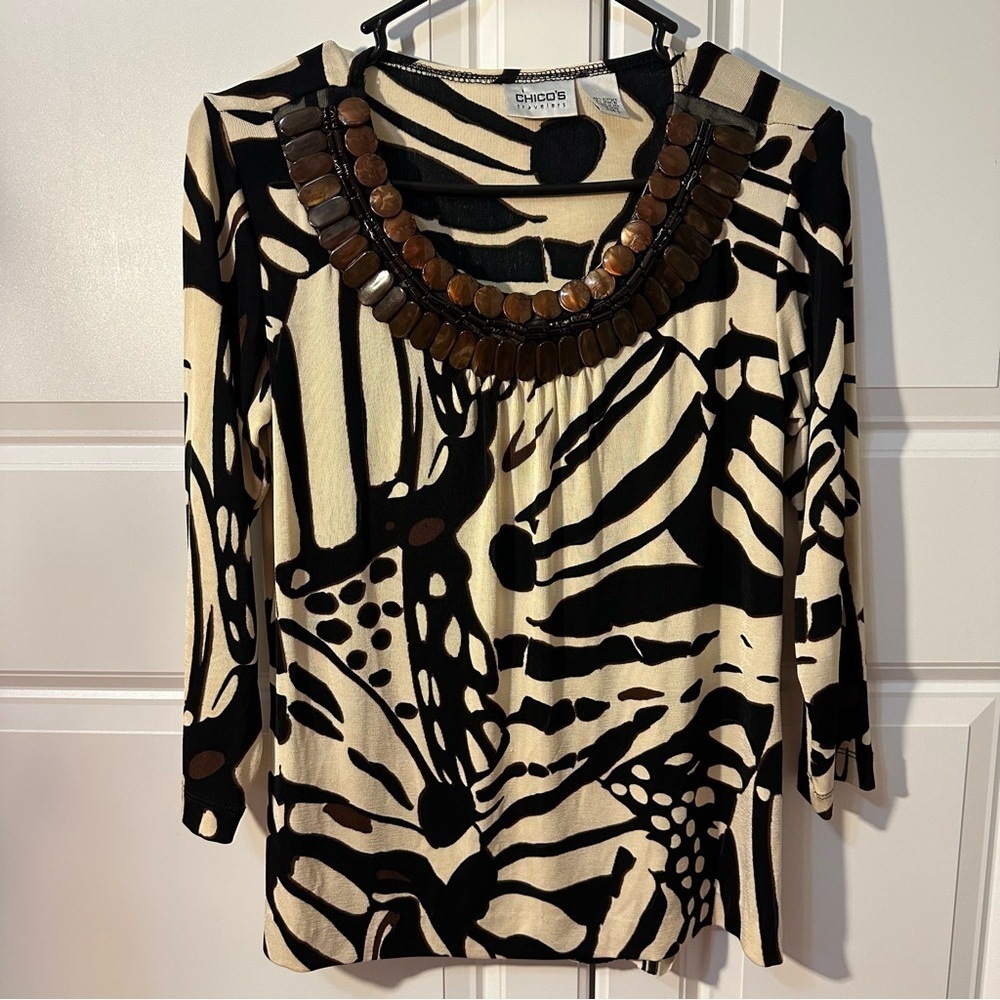 Chicos travelers size 0 animal print beaded 3/4 sleeves brown tan